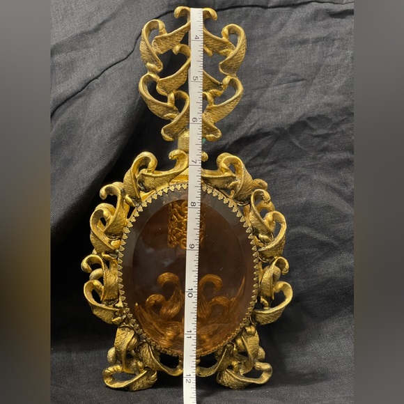 VTG. ORMOLU HOLLYWOOD REGENCY
AMBER BEVELED GLASS FILIGREE
PERFUME BOTTLE 10"x5" - Picture 6 of 8